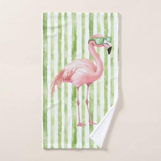 Groene Witte Strepen Roze Flamingo Strand Verjaard Bad Handdoek (Handdoek)