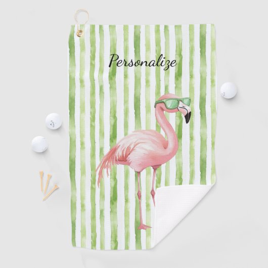 Groene Witte Strepen Roze Flamingo Strand Verjaard Golfhanddoek (Insitu)