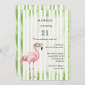 Groene witte strepen roze flamingo verjaardag kaart (Voorkant / Achterkant)