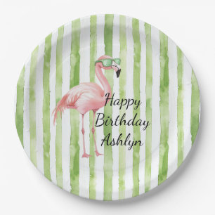 Groene witte strepen roze flamingo verjaardag papieren bordje