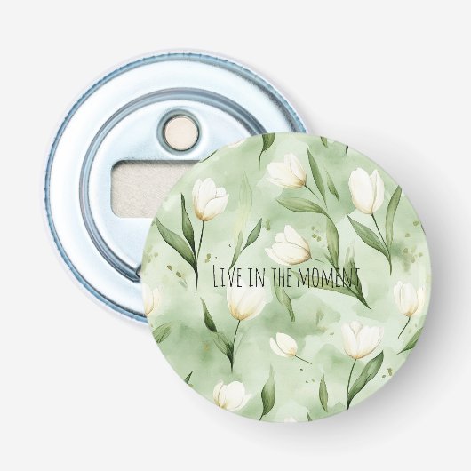 Groene Witte Tulp Bloemen Button Flesopener (Voorkant)