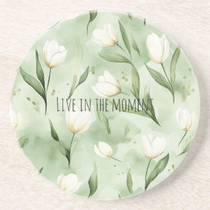 Groene Witte Tulp Bloemen Zandsteen Onderzetter