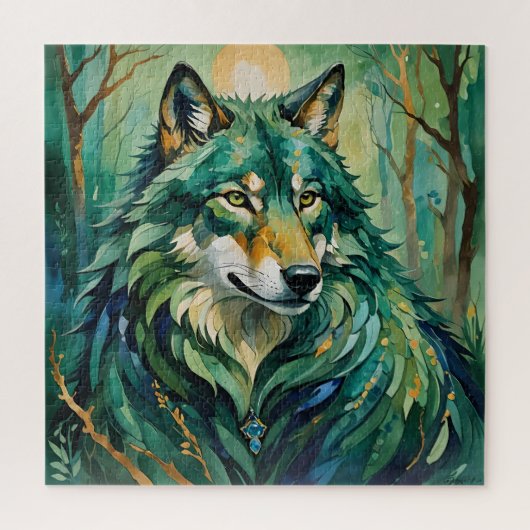 Groene wolf in het bos puzzel (Verticaal)