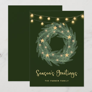Groene Wreate met Gold String Lights op groen Feestdagenkaart