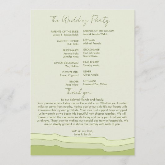 Groene zachte pastel huwelijksprogramma bewerkbare programma (Achterkant)