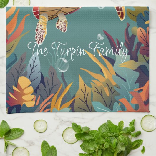 Groene Zeeen schildpad zwemt in de Stille Oceaan Theedoek (Gevouwen)