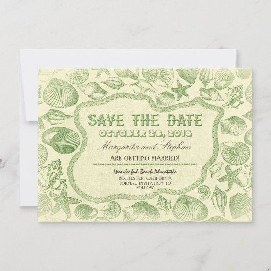 groene zeeschelpen strand bruiloft save the date kaart (Voorkant)