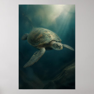 Groene zeeschildpad glijdt door oceaanlicht wild poster