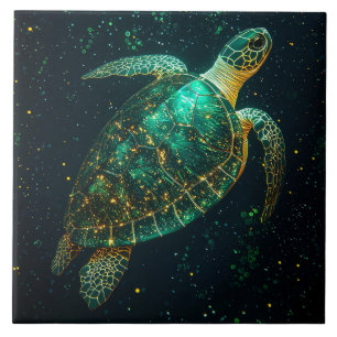 Groene zeeschildpad op donkere achtergrond tegeltje