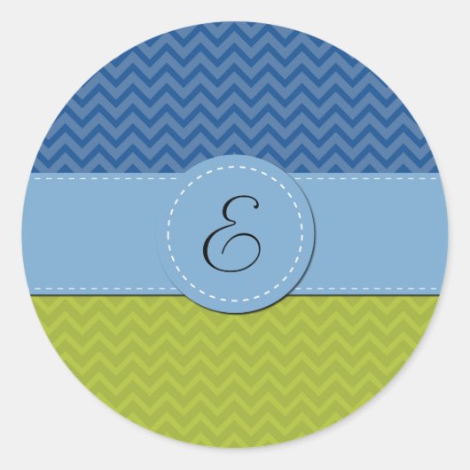 Groene zigzag, Blauwe Zigzag, Chevron, Monogram Ronde Sticker (Voorkant)