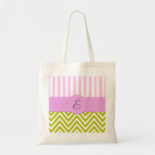 Groene zigzag, Chevron, roze strips, monogram Tote Bag (Voorkant)