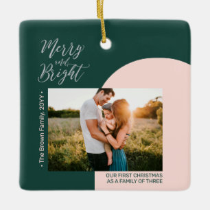 Groene & Zilver Moderne Fotokerstfamilie Keramisch Ornament