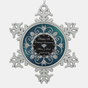 Groene Zilveren Diamanten 10e Huwelijksverjaardag Tin Sneeuwvlok Ornament