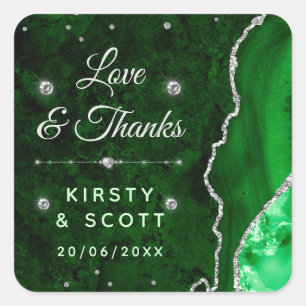 Groene & Zilveren Glitter Agate en marmeren Huweli Vierkante Sticker