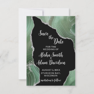 Groene zilveren glitters op zwarte Save The Date-k Date