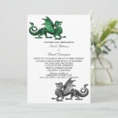 Groene Zilveren Middeleeuwse Dragon Wedding Uitnod Kaart (Staand voorkant)