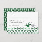 Groene / Zilveren Origami Kraanvogels Trouw RSVP Kaart (Voorkant / Achterkant)