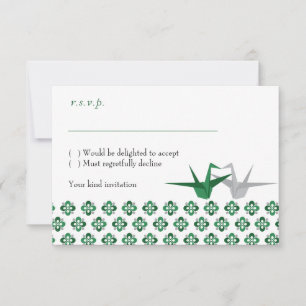 Groene / Zilveren Origami Kraanvogels Trouw RSVP Kaart