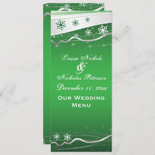 Groene, zilvergrijs sneeuwvlok trouwkaart menu (Voorkant / Achterkant)