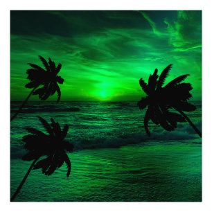 GROENE ZONSONDERGANGEN OCEAAN LANDSCHAPPELIJK FOTO AFDRUK