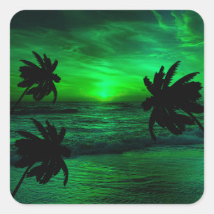 GROENE ZONSONDERGANGEN OCEAAN SCHITTEREND VIERKANTE STICKER