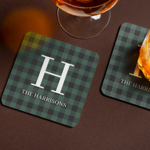Groene Zwarte Buffalo Plaid Monogram Vakantie Bier Onderzetter