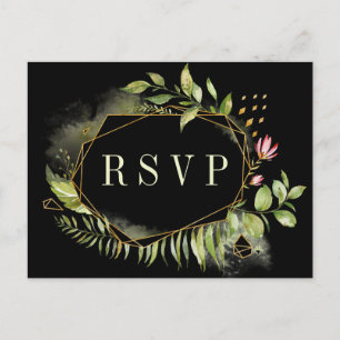 Groene Zwarte Geometrische Bloemenkrans Trouw RSVP Uitnodiging Briefkaart