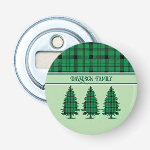 Groene Zwarte Gezellige Tartan Pine Bomen Button Flesopener