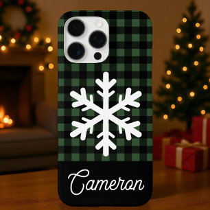 Groene & Zwarte Gingham met Sneeuwvlokken en Naam iPhone 16 Pro Max Hoesje