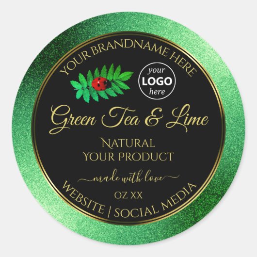 Groene zwarte Glitter-productlabels Ladybug-Logo Ronde Sticker (Voorkant)
