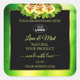 Groene zwarte-marmerlabels Rozen met Logo Vierkante Sticker