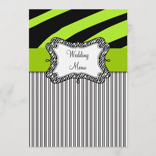 Groene zwarte Zebra Stripes Weddenemerkaart Menu (Voorkant)