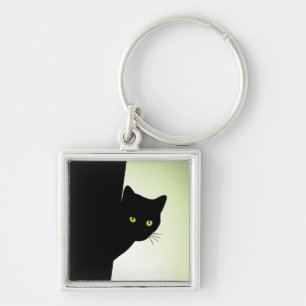 Groenogige Zwarte Kat Sleutelhanger