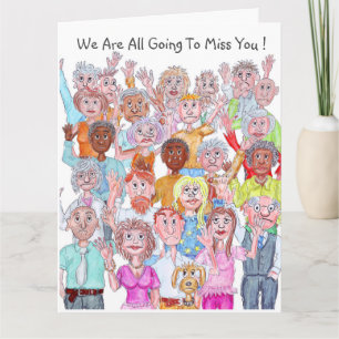 Groep cartoonfiguren die vaarwel wuiven kaart