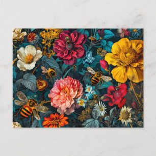 Groep honingbijen met Zinnia's, Rozen en Daisie Briefkaart