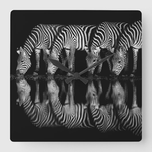 Groep vlaktezebra's drink 's nachts samen vierkante klok (Voorkant)
