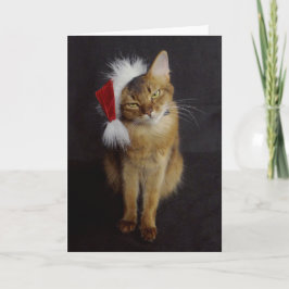 Groeperige Somalische kat in Santa Hat Kerstmis Feestdagen Kaart