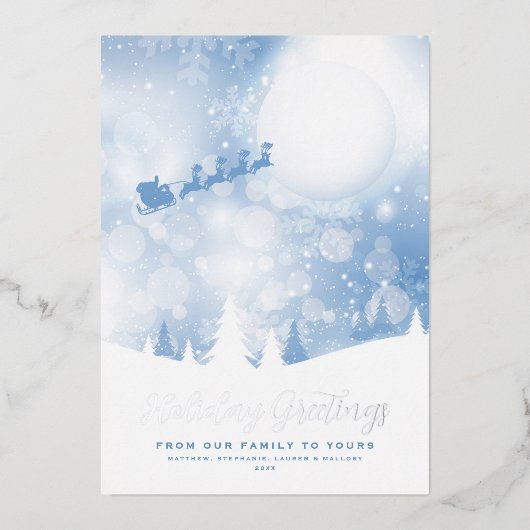 Groeten Santa Script Blue Snow Echte Folie Folie Feestdagenkaart (Voorkant)