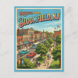 Groeten uit Bloomfield NJ ansichtkaart, Retro jare Briefkaart