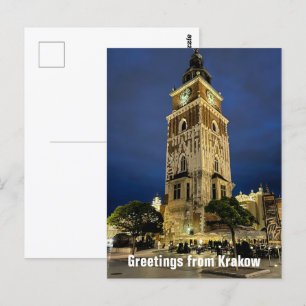Groeten uit Krakau Stadhuis Tower Night Polen Briefkaart