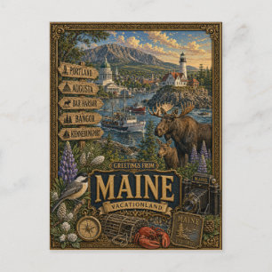 Groeten uit Maine   Vintage Retro Kunst Briefkaart