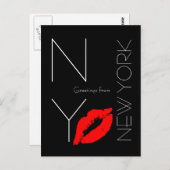 Groeten uit New York Red Lipstick Kiss Black Briefkaart (Voorkant / Achterkant)