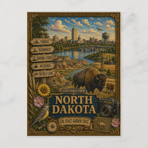 Groeten uit North Dakota   Vintage Retro Kunst Briefkaart