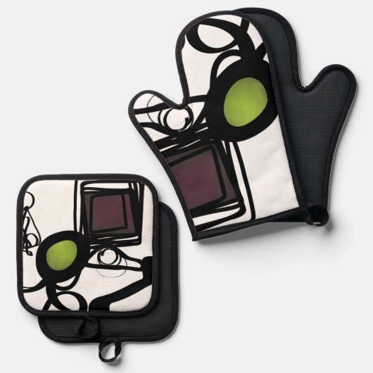 Groeten uit Philydion: Abstract Zwart & Wit Ovenwant & Pannenlap Set (Voorkant / Achterkant)