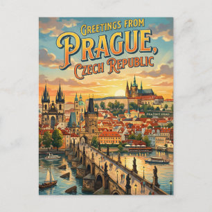 Groeten uit Praag Tsjechië Retro Stijl Briefkaart