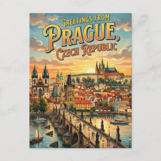 Groeten uit Praag Tsjechië Retro Stijl Briefkaart