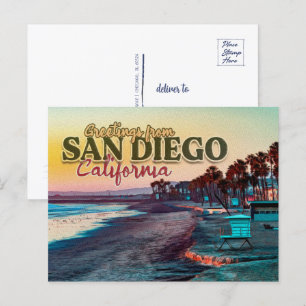 Groeten uit San Diego Ca Waterverf Sunset 60s Briefkaart