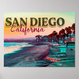 Groeten uit San Diego Ca Waterverf Sunset 60s Poster