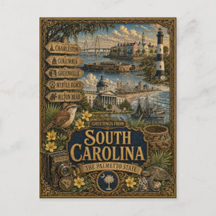 Groeten uit South Carolina Vintage Retro Kunst Briefkaart