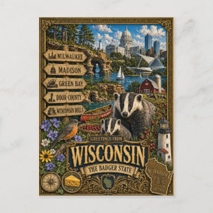 Groeten uit Wisconsin Vintage Retro Kunst Briefkaart